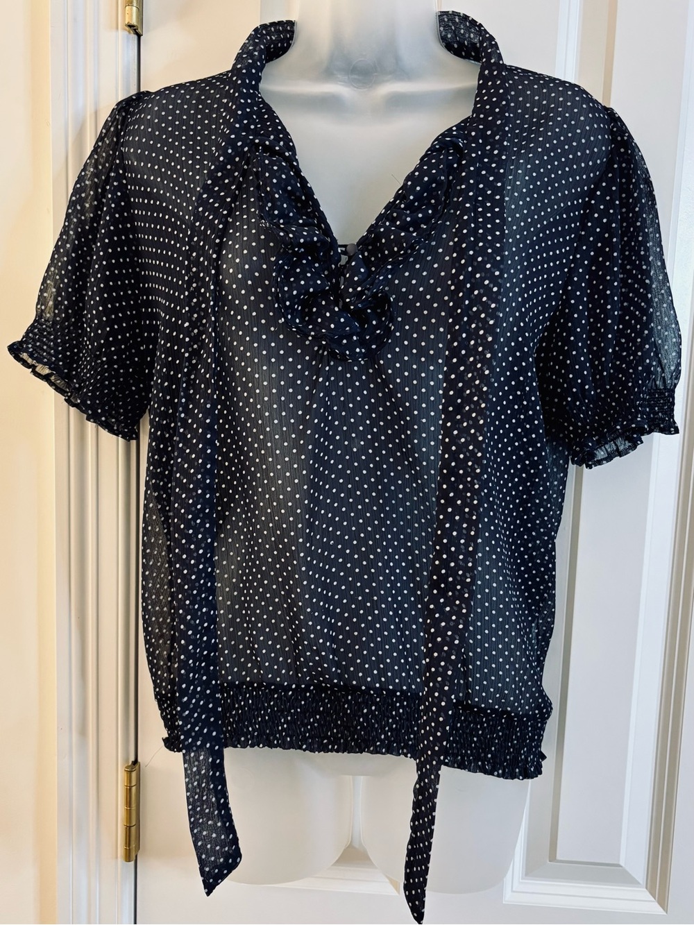 Jennifer & Grace Blouse Black White Polka Dot sheer puff ruffle tie elastic XL - Picture 3 of 8